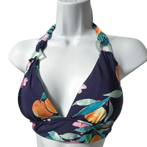 SUNSHINE 79 navy floral banded peaches halter style bikini swim top size 6 NWT - Picture 1 of 7